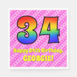 Servilleta De Papel 34° cumpleaños: Rayas y corazones rosas, arcoiris 
