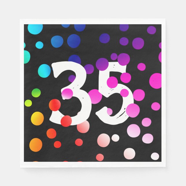 Servilleta De Papel 35° cumpleaños con puntos arcoiris en negro (Anverso)