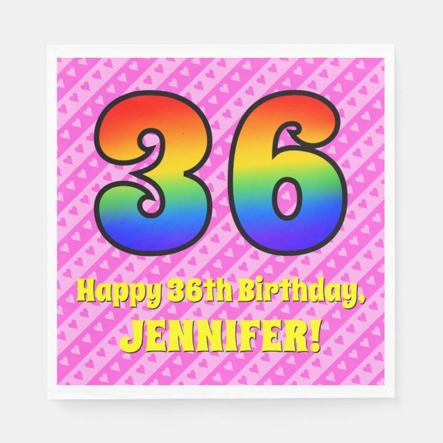 Servilleta De Papel 36º cumpleaños: Rayas y corazones rosados, arcoiri (Anverso)