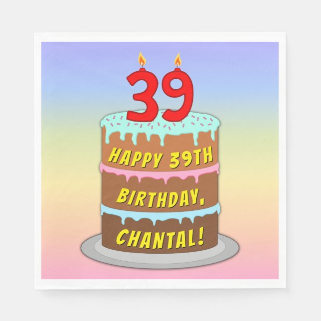 Servilleta De Papel 39° cumpleaños: pastel de diversión y velas + nomb (Anverso)