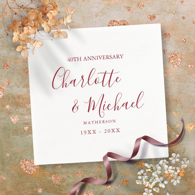 Servilleta De Papel 40.º aniversario Boda de Ruby Script Elegante (40th Wedding Anniversary Ruby Script Elegant Napkins)