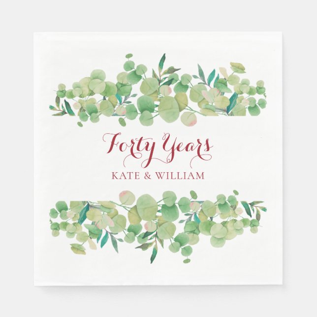 Servilleta De Papel 40.º aniversario Boda Ruby Script Greenery (Anverso)