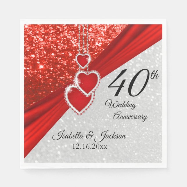 Servilleta De Papel 40.º brillante aniversario rojo y Purpurina / Boda (Anverso)