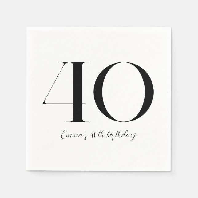 Servilleta De Papel 40.º cumpleaños blanco y negro (Anverso)
