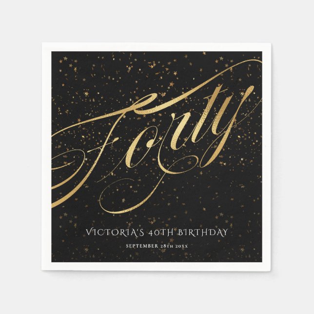 Servilleta De Papel 40.º cumpleaños Confetti Gold Black Stylish (Anverso)
