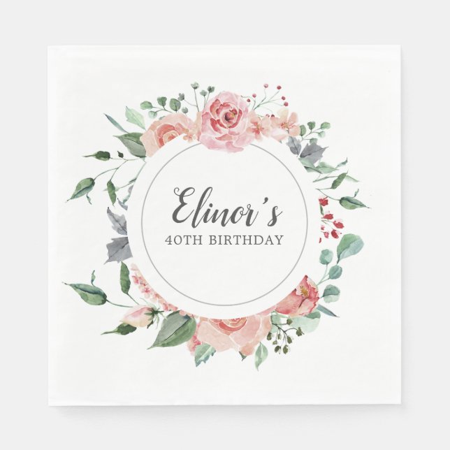 Servilleta De Papel 40.º cumpleaños Elegante Floral rosa (Anverso)