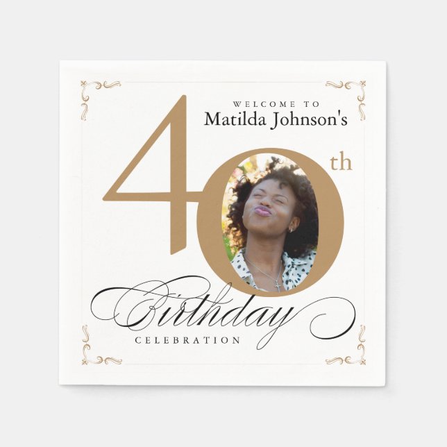 Servilleta De Papel 40.º cumpleaños Personalizado de caligrafía blanca (Anverso)
