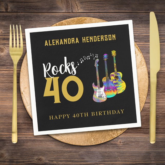 Servilleta De Papel 40.º Fiesta de cumpleaños Guitarra musical Rocks 4 (Rock and roll black and gold 40th birthday party personalized paper napkin with funky guitars)