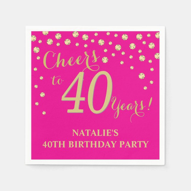 Servilleta De Papel 40.º Fiesta de cumpleaños Hot Pink y Gold Diamond (Anverso)