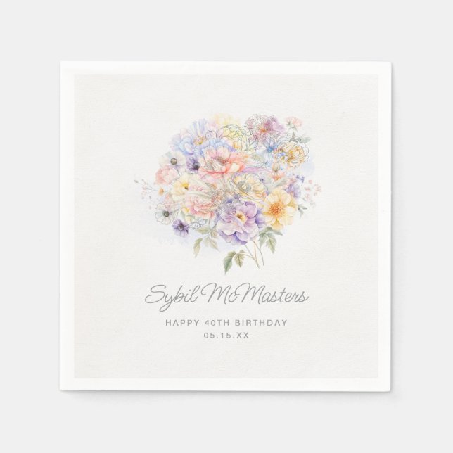 Servilleta De Papel 40.º Fiesta de cumpleaños Personalizado acuarela F (Anverso)