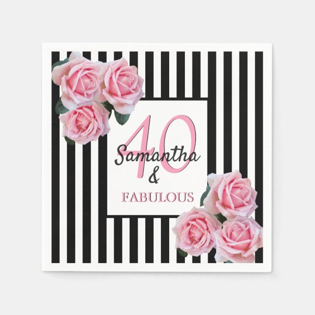 Servilleta De Papel 40 fabulosas rayas blancas rosadas de cumpleaños (Anverso)