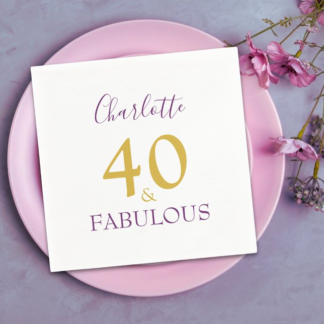 Servilleta De Papel 40 y Fabuloso Elegante 40 cumpleaños (40 & fabulous stylish minimalist purple and gold typography personalized paper napkins )