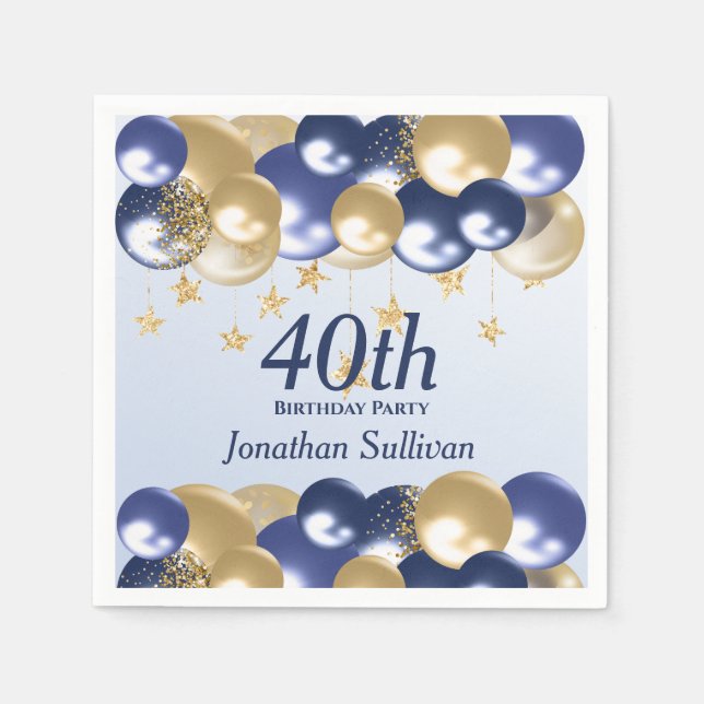 Servilleta De Papel 40th Birthday Navy Gold Balloons Party (Anverso)