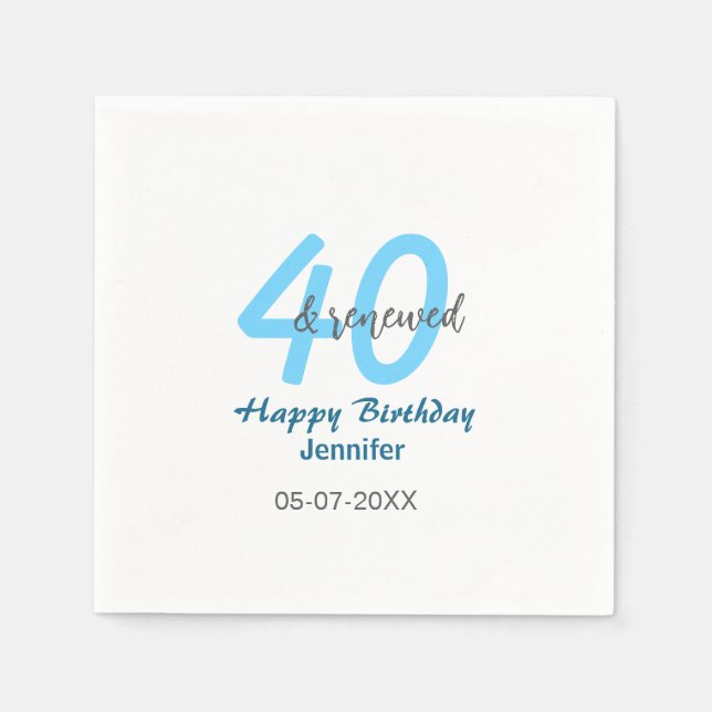 Servilleta De Papel 40th & renewed birthday name date blue bold number (Anverso)