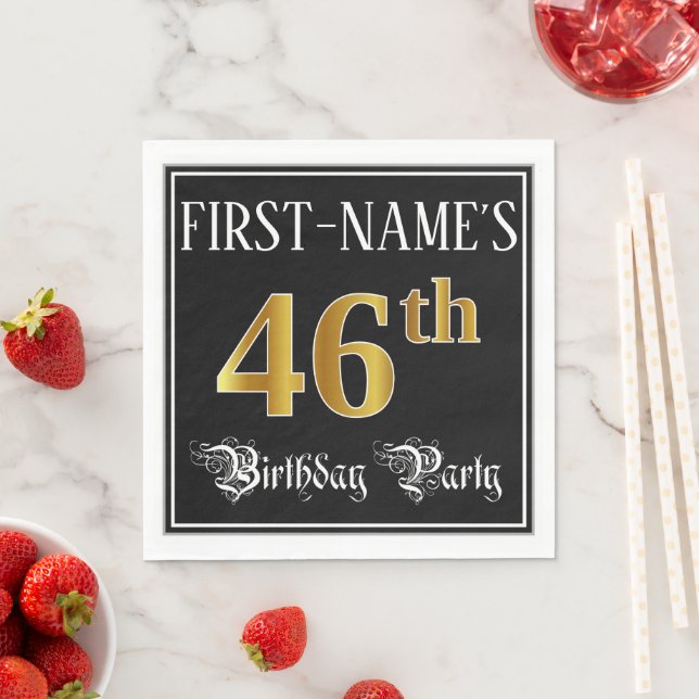 Servilleta De Papel 46th Birthday Party — Fancy Script, Faux Gold Look (In situ)