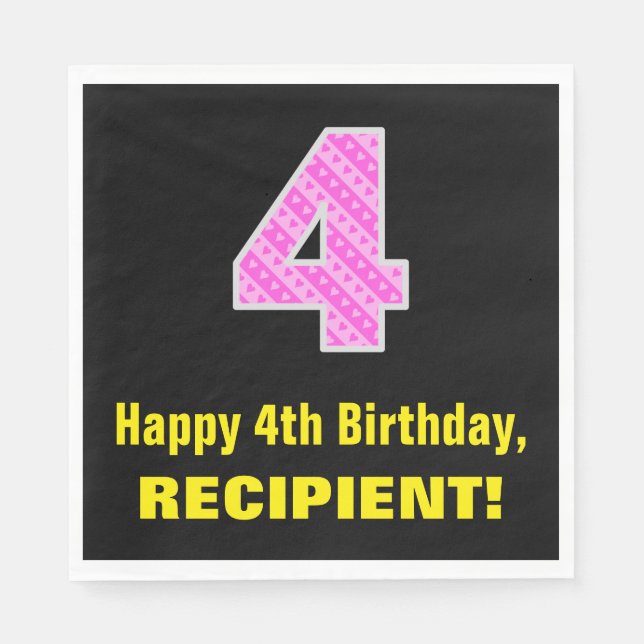 Servilleta De Papel 4.º Cumpleaños: Corazones y franjas rosadas "4" +  (Anverso)