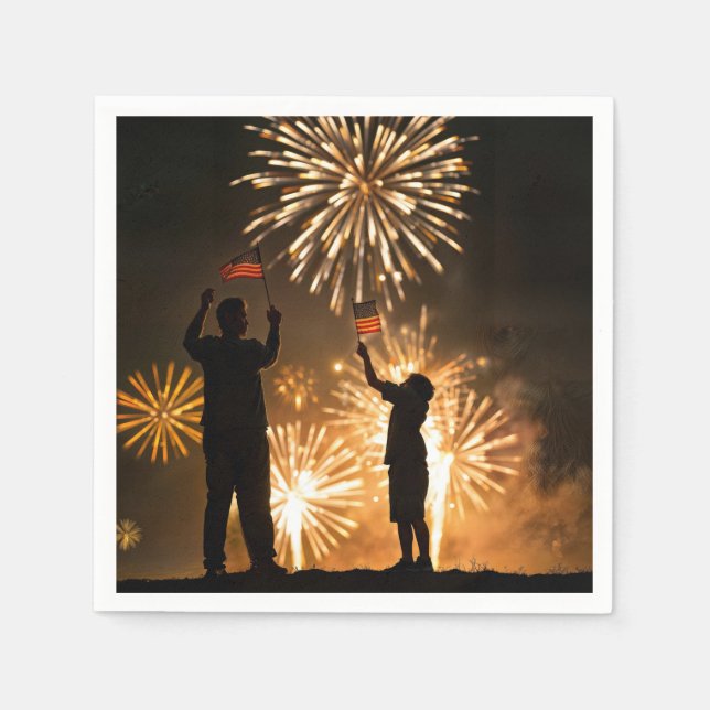 Servilleta De Papel 4 de julio: Banderas y fuegos artificiales (Anverso)