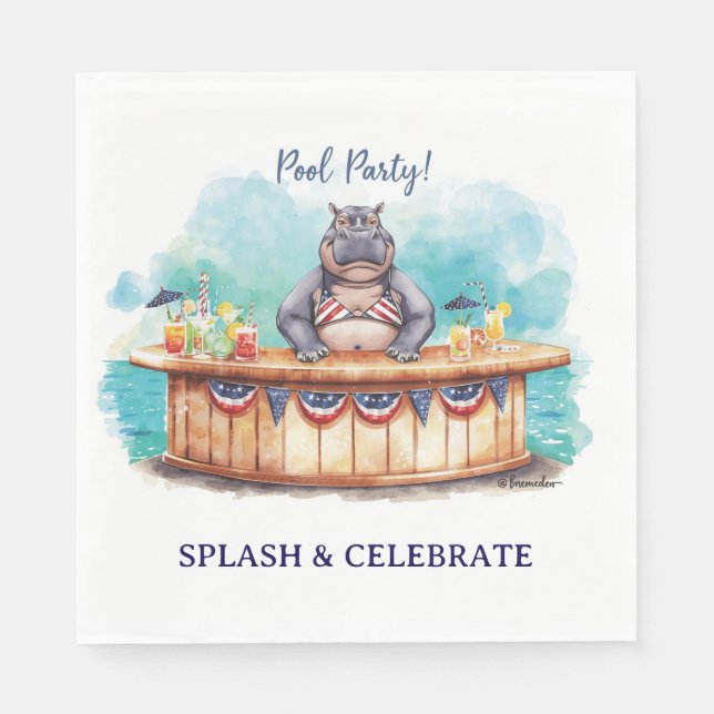 Servilleta De Papel 4th July Pool Party with Hippo in Bikini  (Anverso)