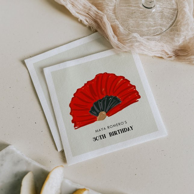 Servilleta De Papel 50.ª fiesta de cumpleaños de fans de Flamenco (Red and black flamenco fan 50th birthday party paper napkins.)