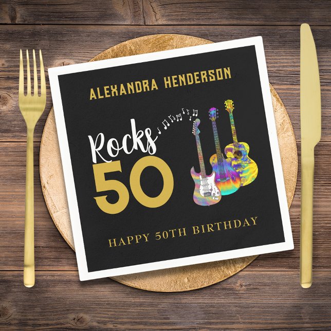 Servilleta De Papel 50.ª fiesta de cumpleaños guitarra musical Rocks 5 (Rock and roll guitar black and gold personalized name 50th birthday party paper napkins)