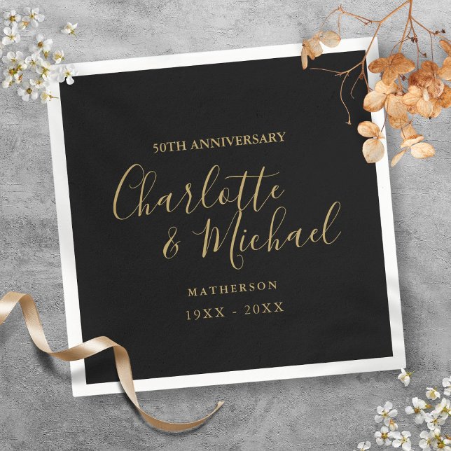 Servilleta De Papel 50.º Aniversario Boda Firma de oro negro (50th Wedding Anniversary Black Gold Signature Napkins)