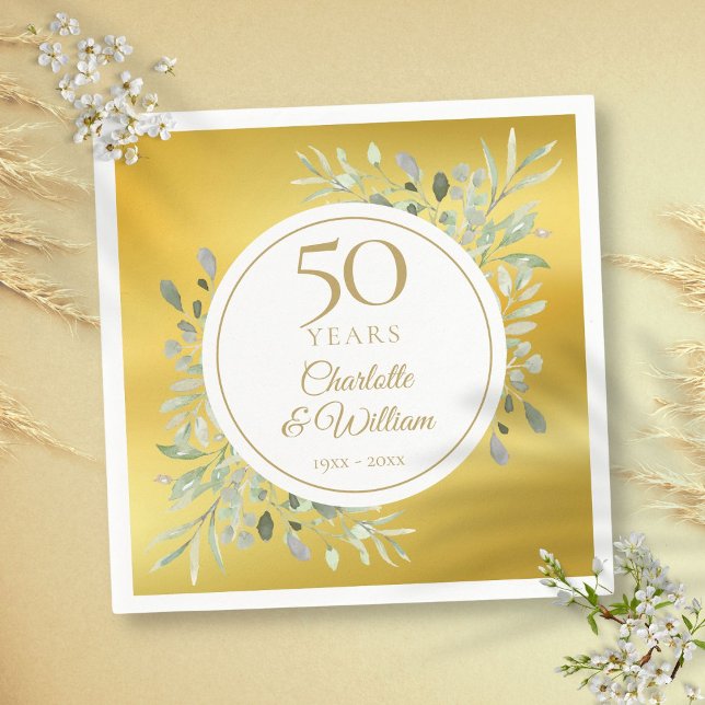 Servilleta De Papel 50.º aniversario Boda Relieve metalizado dorado de (50th Wedding Anniversary Greenery Gold Foil Napkins)
