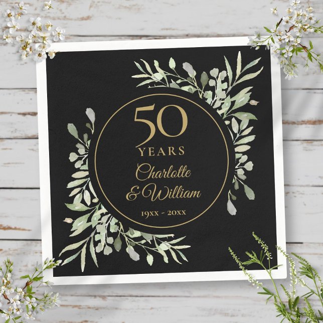 Servilleta De Papel 50.º Aniversario Boda Verde Negro Y Oro (50th Wedding Anniversary Black And Gold Greenery Napkins)