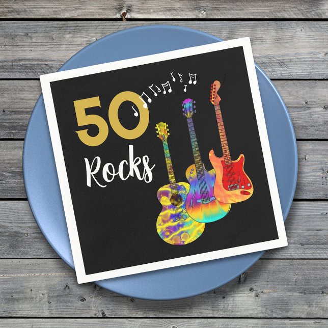 Servilleta De Papel 50.º cumpleaños Guitar Rocks 50 (50 Rocks birthday party napkin for him funky psychedelic guitars gold and black 50th birthday )