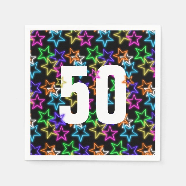 Servilleta De Papel 50.º cumpleaños, Neon Stars en negro (Anverso)