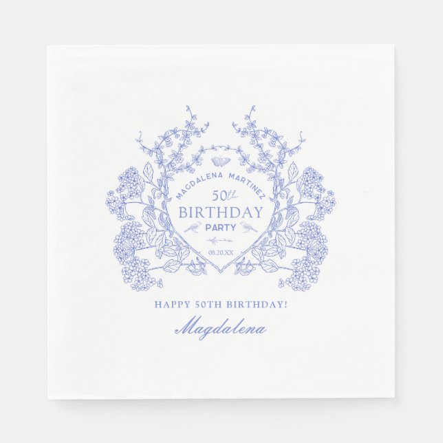 Servilleta De Papel 50.º cumpleaños Personalizado Escudo Floral Azul f (Anverso)