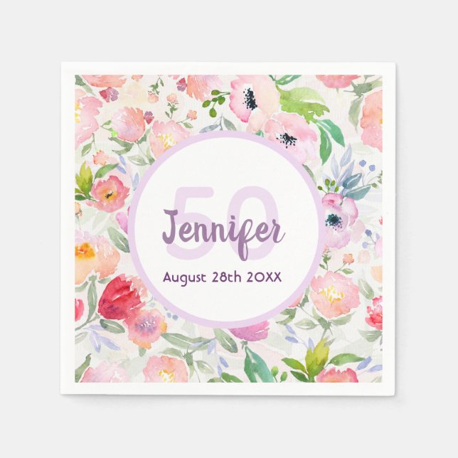 Servilleta De Papel 50.º nombre de florales rosas de cumpleaños (Anverso)