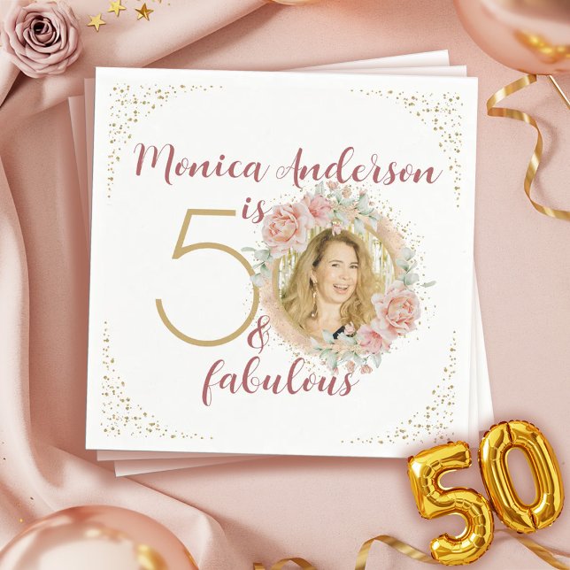 Servilleta De Papel  50 and Fabulous Pink Floral Gold Photo Birthday (50 and Fabulous Pink Floral Gold Photo Birthday Napkins)