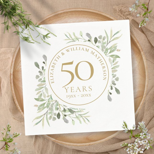 Servilleta De Papel 50 Aniversario de la vegetación de oro deja acuare (50th Anniversary Gold Greenery Leaves Watercolor Napkins)