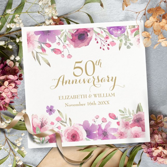 Servilleta De Papel 50° Aniversario Rosas de acuarela floral vegetació (50th Anniversary Floral Watercolour Roses Greenery Napkins)