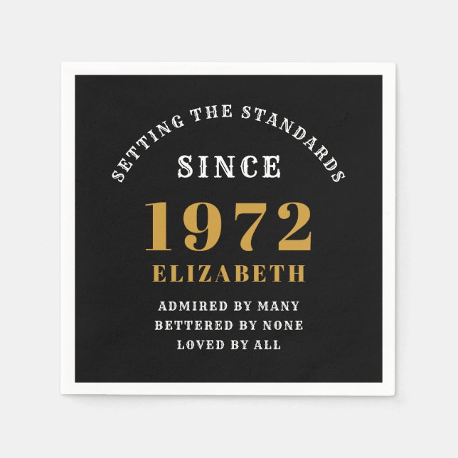 Servilleta De Papel 50 cumpleaños 1972 Moda elegante negro de oro (Anverso)