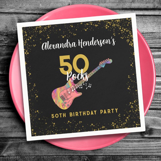 Servilleta De Papel 50 Rocks fiesta de cumpleaños oro negro rosado (50 rocks pink black and gold glitter 50th birthday party personalized napkins)