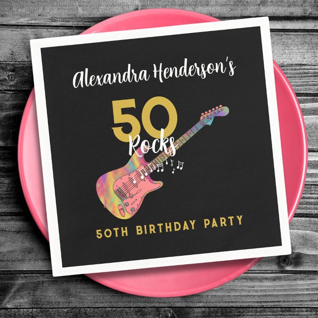 Servilleta De Papel 50 Rocks Guay Guitarra Rosa 50 cumpleaños (50 Rocks cool pink guitar black and gold custom 50th birthday party napkin)