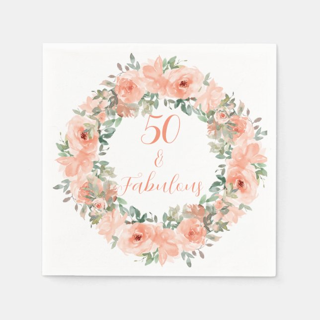 Servilleta De Papel 50 y fabulosa acuarela floral Peach Cumpleaños (Anverso)
