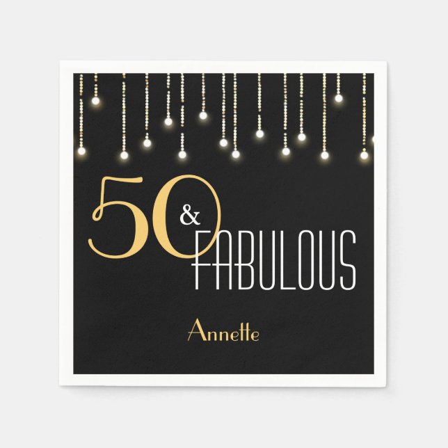 Servilleta De Papel 50 y fabulosas luces de oro negro Glamoroso elegan (Anverso)