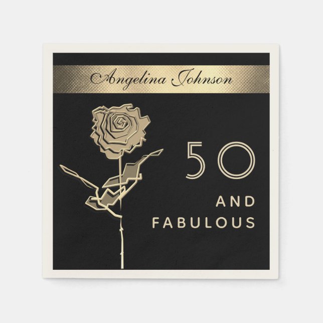 Servilleta De Papel 50 y Fabuloso elegante Glam Flor Negra y Oro (Anverso)