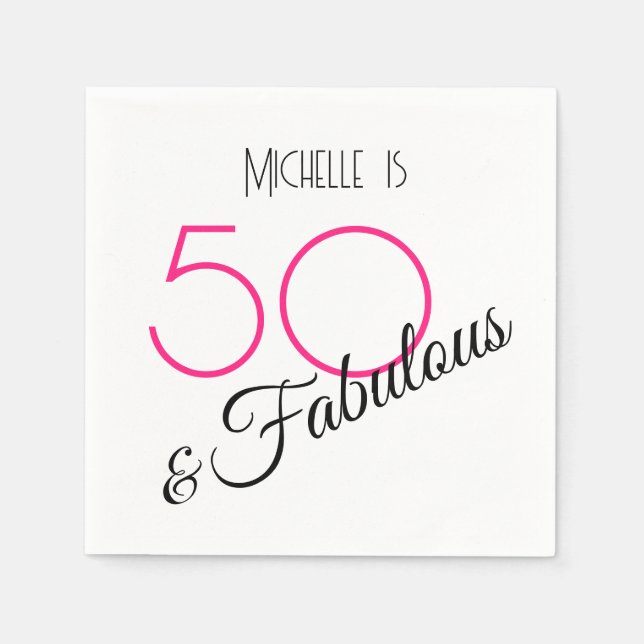 Servilleta De Papel 50 y Fabuloso Elegante Rosa Caliente y Negro Retro (Anverso)