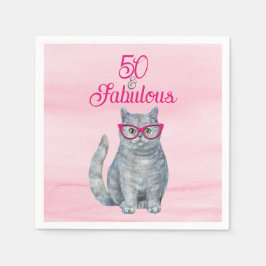 Servilleta De Papel 50 y fabuloso gato, rosa y gris, cumpleaños 50