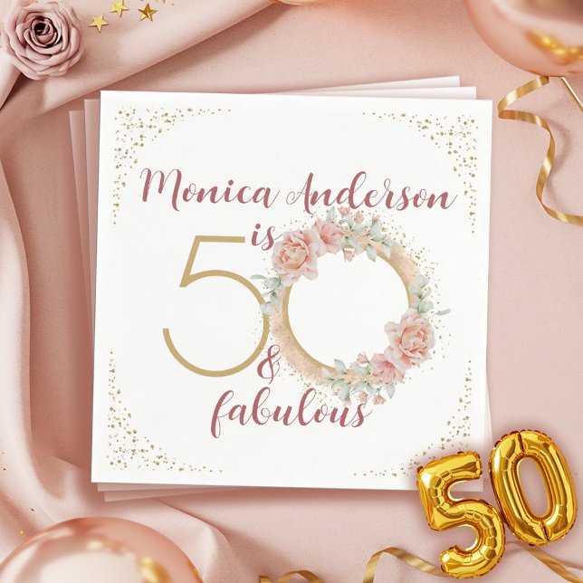 Servilleta De Papel 50 y fabuloso nombre de Purpurina de fiesta de cum (50 and Fabulous Pink Floral Gold Photo Birthday Napkins)