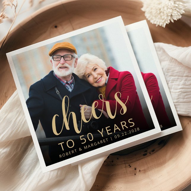 Servilleta De Papel 50th Anniversary Party Photo Cheers Gold Script (Subido por el creador)