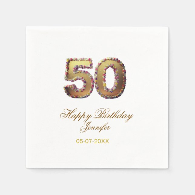 Servilleta De Papel 50th birthday add name date year gold floral bold  (Anverso)