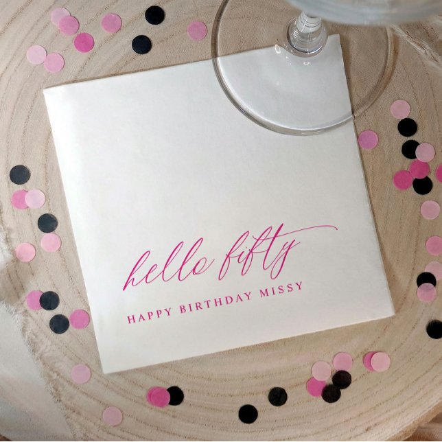 Servilleta De Papel 50th Birthday Party Hot Pink Hello 50 Modern (Pink hello 50 stylish script 50th birthday party napkins)