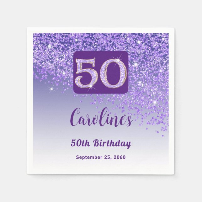 Servilleta De Papel 50th Birthday Party Sparkling Purple Glitter (Anverso)