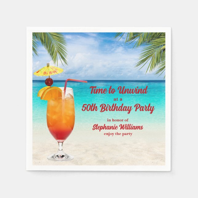 Servilleta De Papel 50th Birthday Summer Cocktail Beach Party (Anverso)