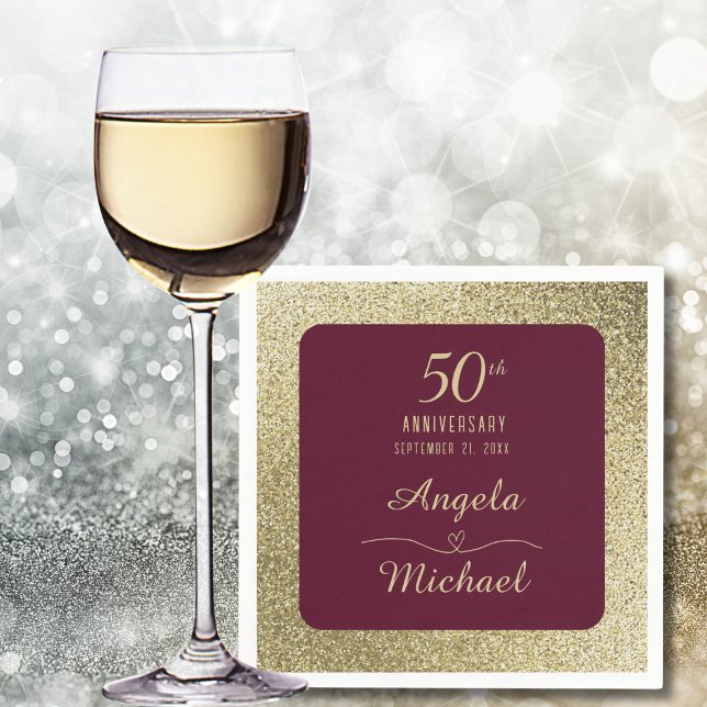 Servilleta De Papel 50th Wedding Anniversary Burgundy Gold Glitter  (Subido por el creador)