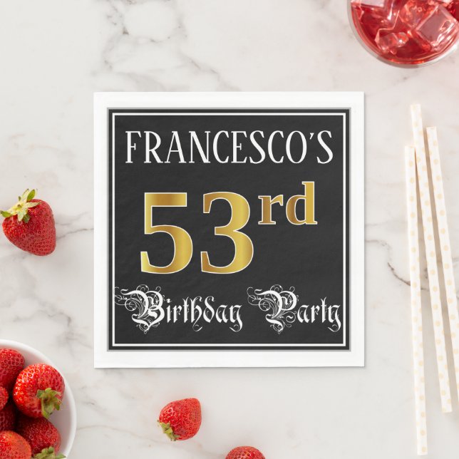 Servilleta De Papel 53rd Birthday Party — Fancy Script, Faux Gold Look (In situ)